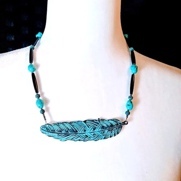 FEATHER, HORN & TURQUOISE*BLACK HORN*BRASS FEATHER*MEN'S CHOKER/NECKLACE/NATIVE - Picture 1 of 5